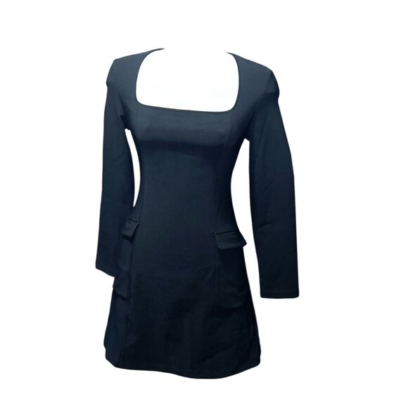 Halara Long Sleeve Square Neck Mini Cargo Work Dress Sz Small Black - Picture 2 of 16